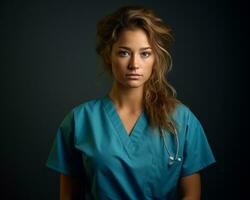 portret van een jong vrouw verpleegster geïsoleerd Aan donker achtergrond voorraad foto generatief ai