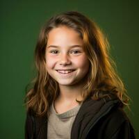 portret van een jong meisje glimlachen Aan groen achtergrond generatief ai foto