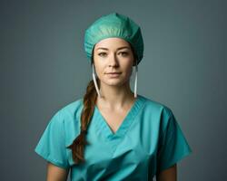 portret van een jong vrouw chirurg in blauw schrobben pak geïsoleerd Aan grijs achtergrond voorraad foto generatief ai