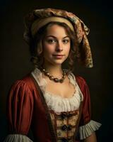 portret van een jong vrouw in Renaissance kostuum generatief ai foto