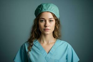 portret van een jong vrouw in een blauw schrobben pak generatief ai foto