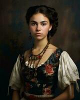 portret van een jong vrouw in traditioneel jurk generatief ai foto