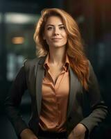 portret van een mooi bedrijf vrouw met rood haar- staand in de kantoor generatief ai foto