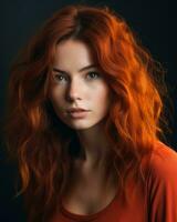 portret van mooi rood haren vrouw Aan zwart achtergrond generatief ai foto