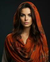 portret van mooi jong vrouw in oranje sjaal Aan zwart achtergrond generatief ai foto