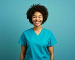 glimlachen Afrikaanse Amerikaans vrouw verpleegster in blauw scrubs tegen een blauw achtergrond generatief ai foto