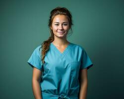 glimlachen vrouw verpleegster in blauw scrubs Aan groen achtergrond generatief ai foto