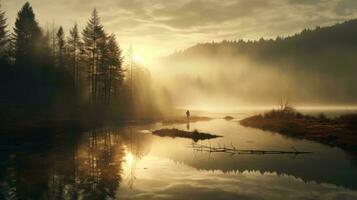 de zon is stijgende lijn over- een rivier- in een mistig Woud generatief ai foto