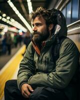 een Mens met een baard zittend Aan een trein platform generatief ai foto