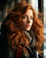 een vrouw met lang rood haar- op zoek uit de venster generatief ai foto