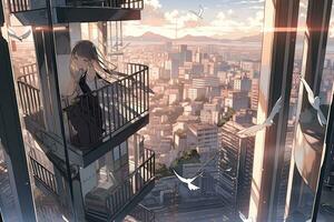 anime meisje Aan balkon op zoek uit Bij stad horizon met vogelstand vliegend in de omgeving van. generatief ai. foto