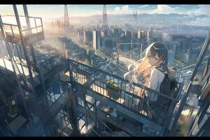 anime meisje op zoek uit over- een stad van een hoog stijgen gebouw. generatief ai. foto