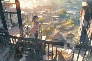 anime meisje zittend Aan balkon op zoek uit over- stad. generatief ai. foto