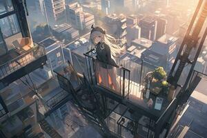 anime meisje staand Aan een balkon op zoek uit over- een stad. generatief ai. foto