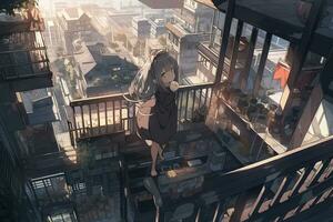 anime meisje staand Aan balkon op zoek Bij stad horizon van balkon. generatief ai. foto
