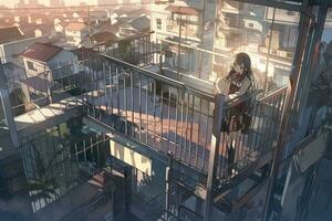 anime meisje staand Aan balkon van gebouw op zoek uit over- stad. generatief ai. foto