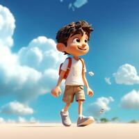 tekenfilm jongen met rugzak wandelen Aan strand met wolken in achtergrond. generatief ai. foto