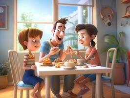 tekenfilm familie aan het eten samen Bij een tafel in een kamer. generatief ai. foto