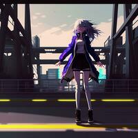 anime meisje in een Purper jas en zwart rok staand Aan een brug. generatief ai. foto