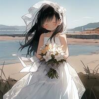 anime meisje in een bruiloft jurk Holding een boeket van bloemen. generatief ai. foto