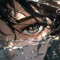 anime meisje met blauw ogen en zwart haar- met water druppels. generatief ai. foto