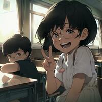 anime beeld van een meisje en jongen zittend Bij bureaus in een klas. generatief ai. foto