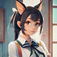 anime meisje met kat oren en een school- uniform poseren voor een afbeelding. generatief ai. foto