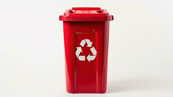 een rood recycle bak met recycle symbool geïsoleerd Aan wit achtergrond. generatief ai foto