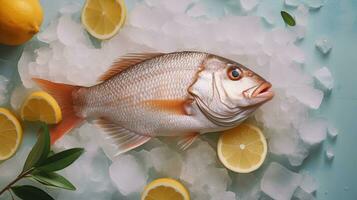 een rauw vis wit snapper met citroen Aan ijs. snapper vis. generatief ai foto