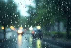 araffe visie van een regenachtig straat met auto's en lichten door een venster. generatief ai. foto