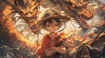 anime jongen met hoed en draak in achtergrond. generatief ai. foto