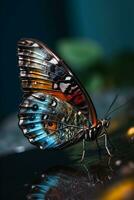 Daar is een vlinder dat is zittend Aan een blad. generatief ai. foto