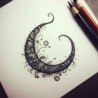 een tekening van een halve maan met een swirly ontwerp Aan het. generatief ai. foto