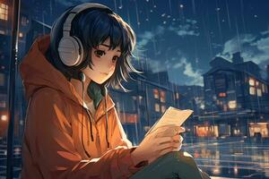 anime meisje zittend Aan een bank lezing een boek in de regen. generatief ai. foto