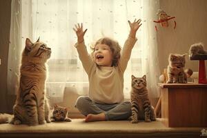 jongen spelen fmet katten Bij huis. ,generatief ai. foto