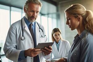 dokter uitleggen problemen gebruik makend van tablet naar Dames geduldig ,generatief ai. foto