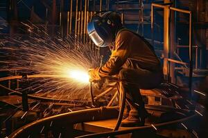 een arbeider terwijl aan het doen een lassen met boog lasser macht fabriek Bij fabriek ,generatief ai . foto