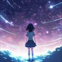 anime meisje op zoek Bij sterren in de lucht. generatief ai. foto