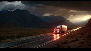 een vervoer semi-vrachtwagen moeiteloos kruispunt de expansief terrein, een vertegenwoordiging van logistiek, vracht en levering. generatief ai foto