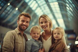 gelukkig familie in de luchthaven ,generatief ai foto