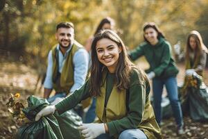 team van jong en verscheidenheid vrijwilliger in schoonmaak omhoog vuilnis en verspilling scheiding project ,generatief ai foto