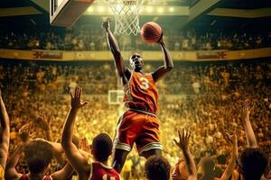 basketbal Mens scoren een dichtslaan dunk mand ,generatief ai. foto