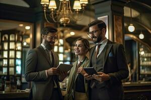 bedrijf Mens en vrouw werken Aan digitaal tablet terwijl staand Bij cafe ,generatief ai . foto