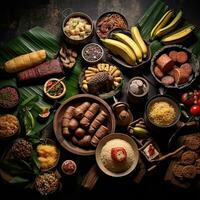geassorteerd divers Gabon voedsel Aan een donker rustiek achtergrond, kopiëren ruimte, generatief ai. foto