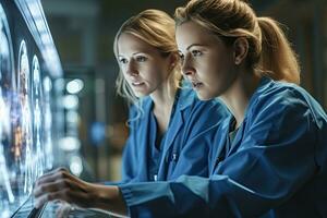 twee dokter Dames medisch artsen op zoek Bij röntgenstralen in een ziekenhuis, generatief ai. foto