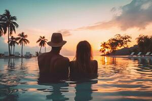 paar genieten zonsondergang van zwembad Bij tropisch toevlucht hotel terwijl op reis voor zomer vakantie, generatief ai foto