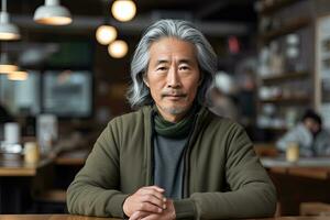 Azië Mens in jaren 60, medium grijs haar, cafe achtergrond ,generatief ai foto
