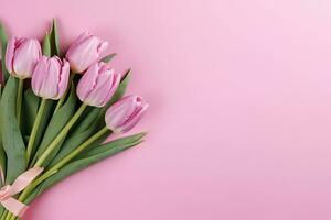 mooi samenstelling voorjaar bloemen Valentijnsdag dag, Pasen, verjaardag, gelukkig vrouwen dag, moeder dag. vlak leggen, top visie, kopiëren ruimte , generatief ai foto