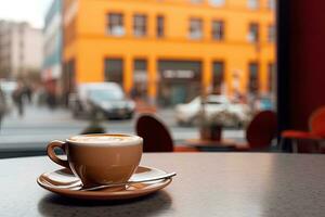 een kop van koffie terwijl Bij cafe ,generatief ai foto