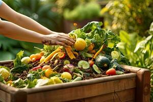 sluit omhoog hand- composteren voedsel verspilling in achtertuin compost bak tuin, generatief ai foto